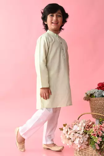Green plain blended cotton boys-kurta-pyjama