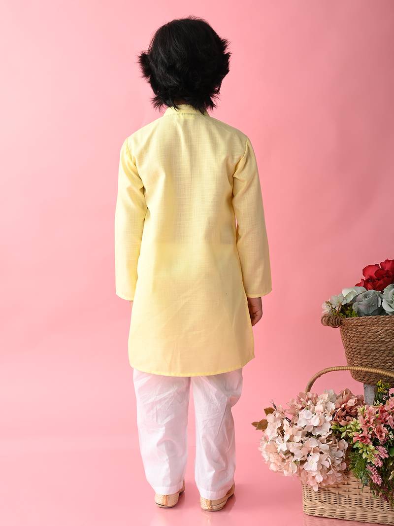 Yellow plain blended cotton boys-kurta-pyjama