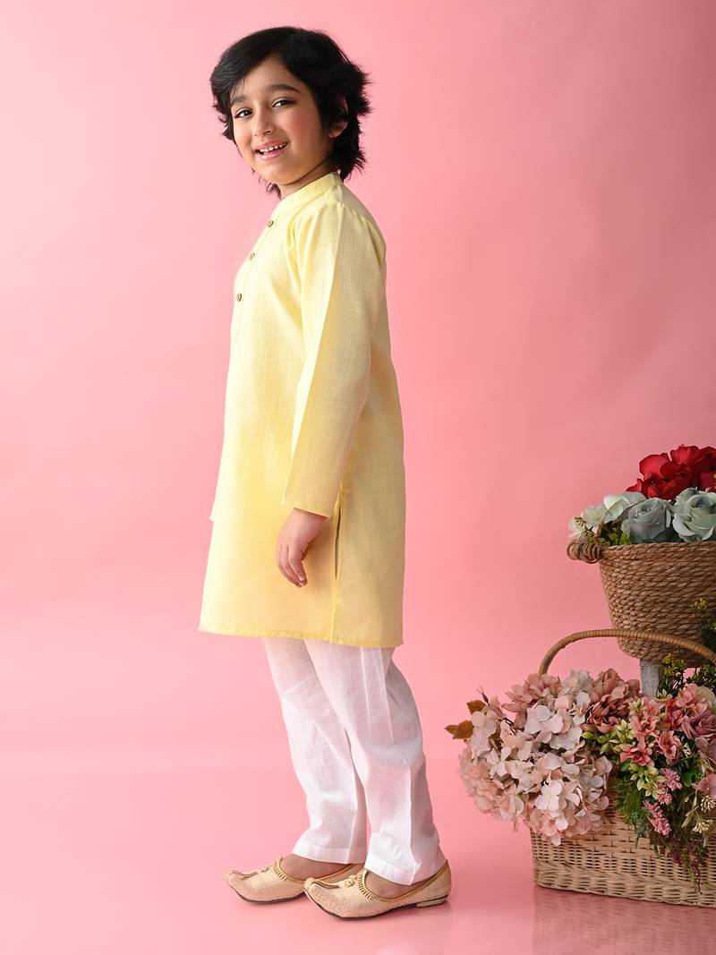 Yellow plain blended cotton boys-kurta-pyjama