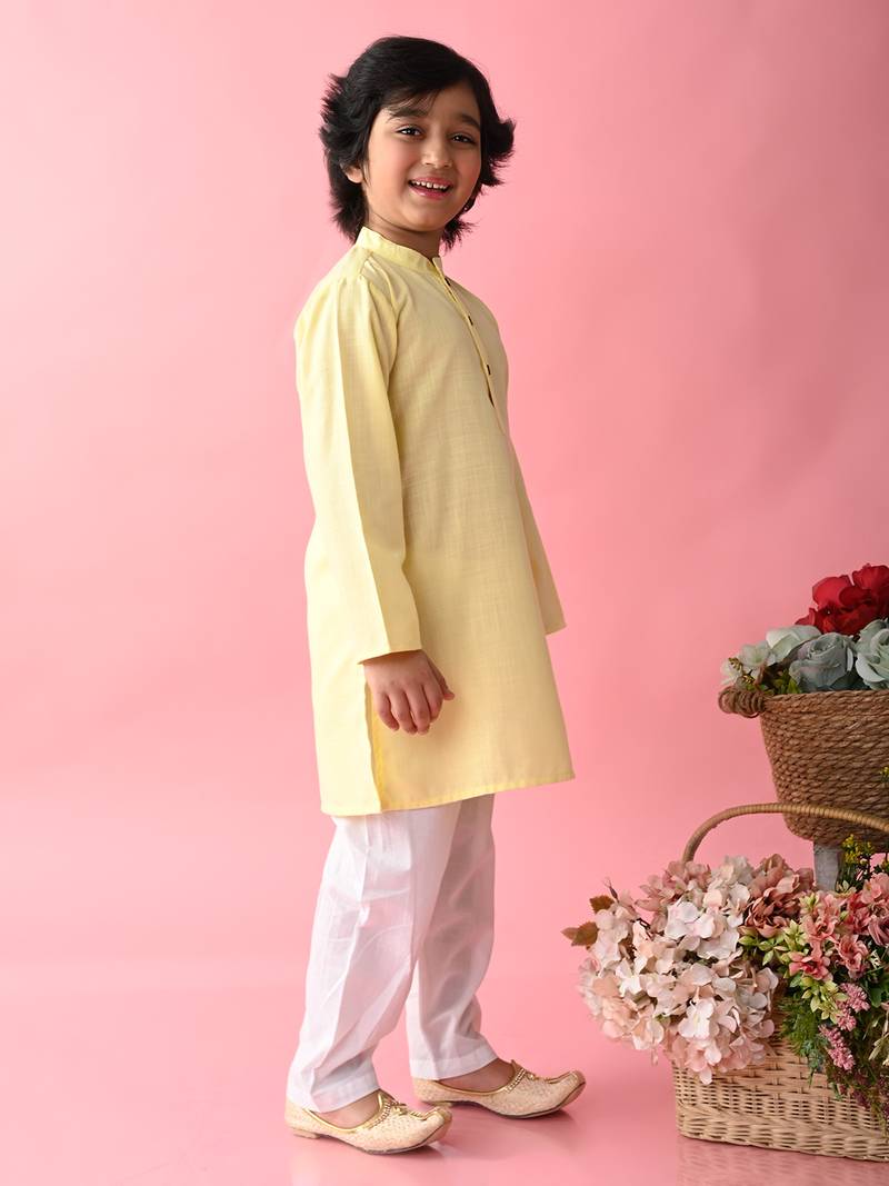 Yellow plain blended cotton boys-kurta-pyjama