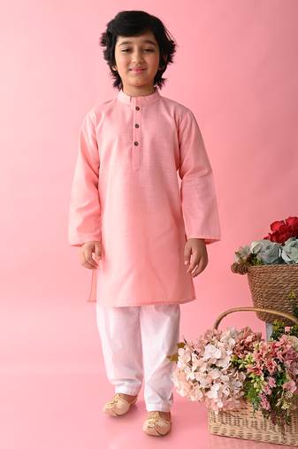 Pink plain blended cotton boys-kurta-pyjama