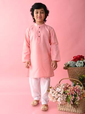 Pink plain blended cotton boys-kurta-pyjama 1