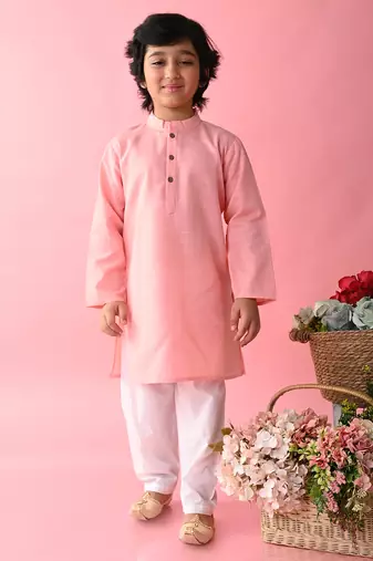 Pink plain blended cotton boys-kurta-pyjama