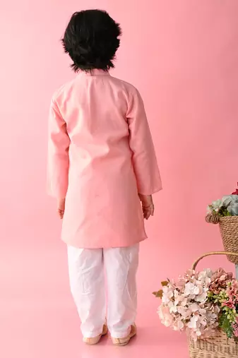 Pink plain blended cotton boys-kurta-pyjama