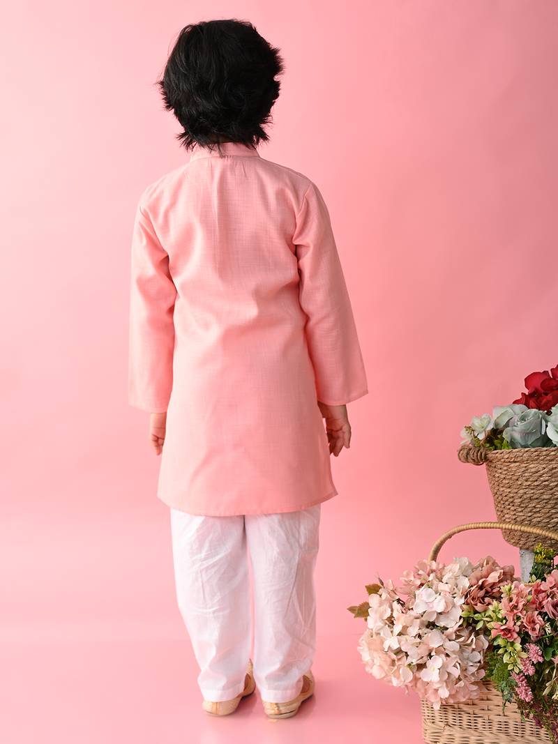 Pink plain blended cotton boys-kurta-pyjama