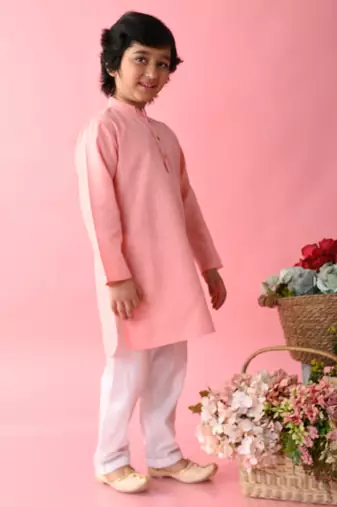 Pink plain blended cotton boys-kurta-pyjama