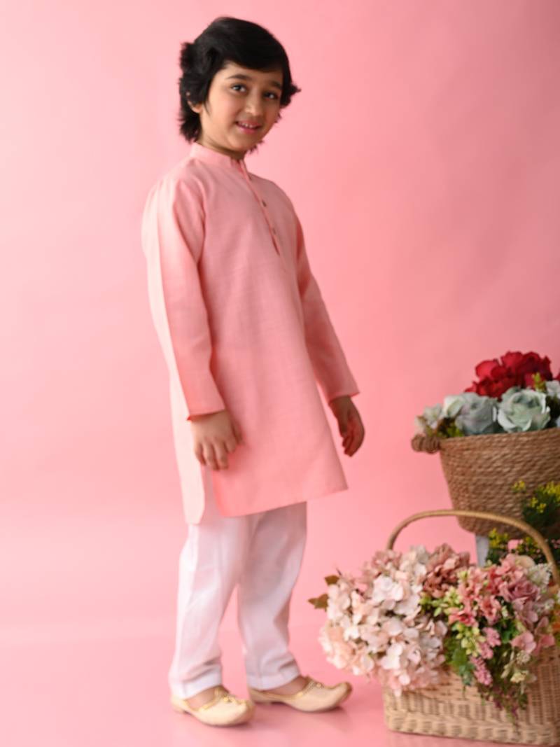 Pink plain blended cotton boys-kurta-pyjama