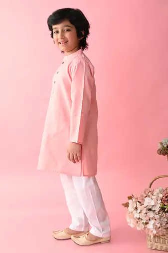 Pink plain blended cotton boys-kurta-pyjama