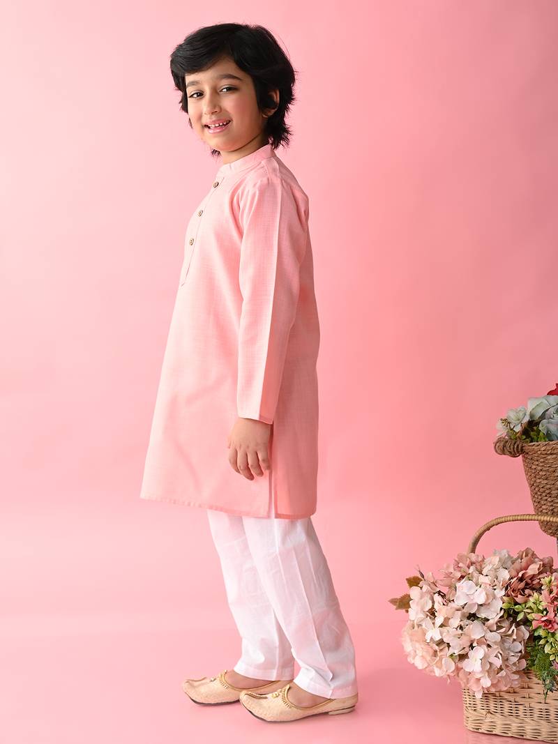 Pink plain blended cotton boys-kurta-pyjama