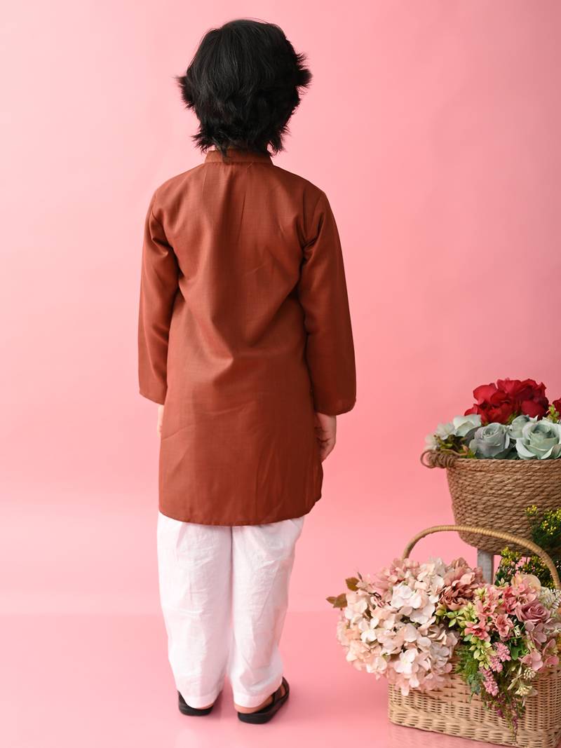Maroon plain blended cotton boys-kurta-pyjama