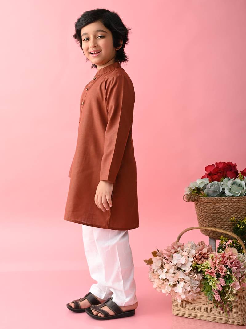 Maroon plain blended cotton boys-kurta-pyjama