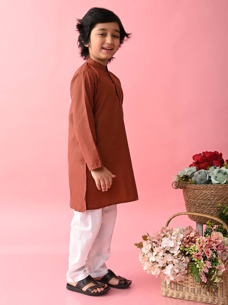 Maroon plain blended cotton boys-kurta-pyjama