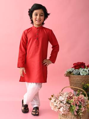 Red plain blended cotton boys-kurta-pyjama 1