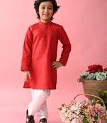 Red plain blended cotton boys-kurta-pyjama