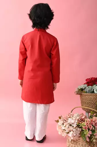 Red plain blended cotton boys-kurta-pyjama