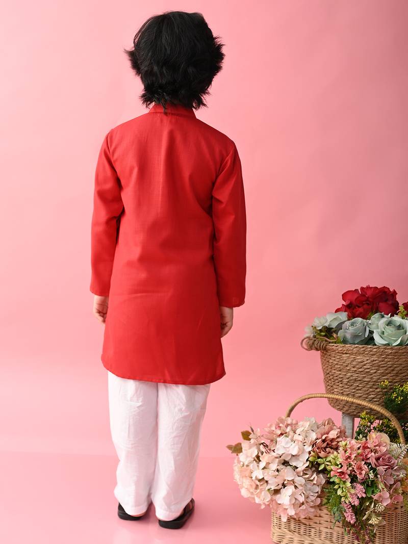 Red plain blended cotton boys-kurta-pyjama