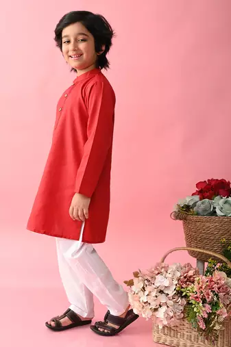 Red plain blended cotton boys-kurta-pyjama