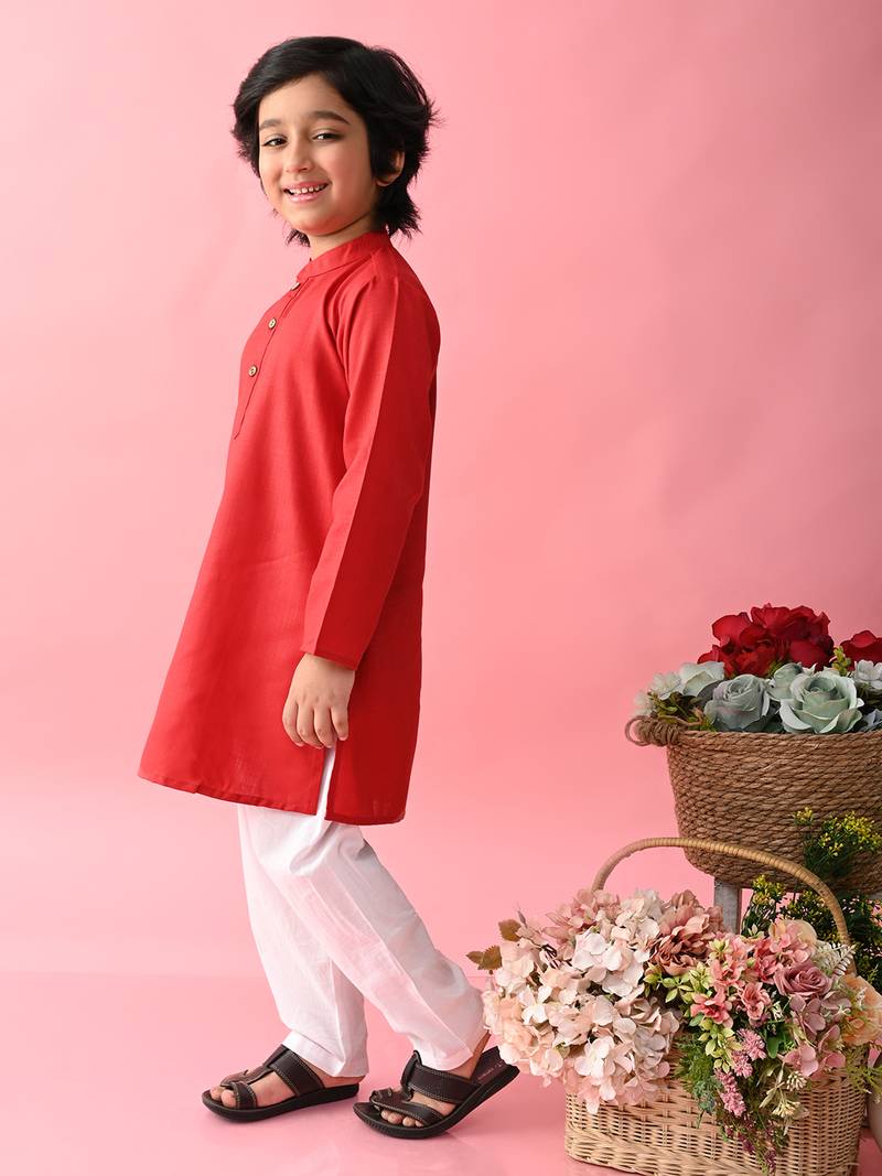 Red plain blended cotton boys-kurta-pyjama