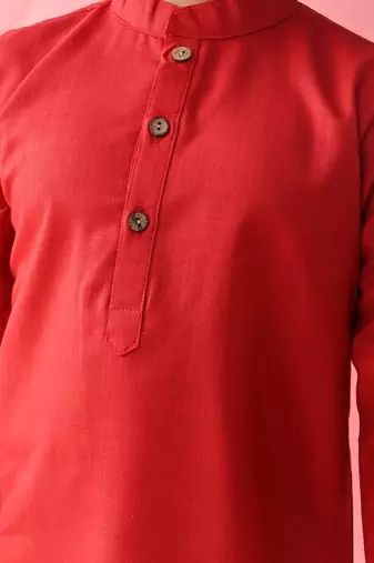 Red plain blended cotton boys-kurta-pyjama