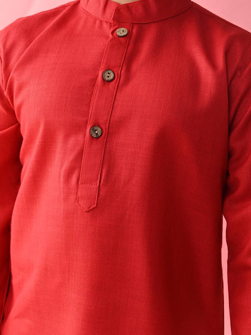 Red plain blended cotton boys-kurta-pyjama