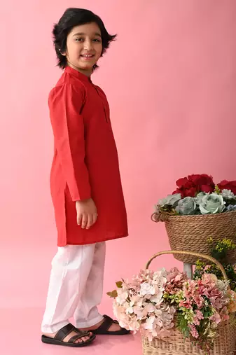 Red plain blended cotton boys-kurta-pyjama