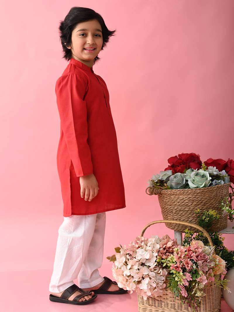 Red plain blended cotton boys-kurta-pyjama