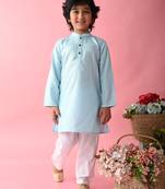 Blue plain blended cotton boys-kurta-pyjama