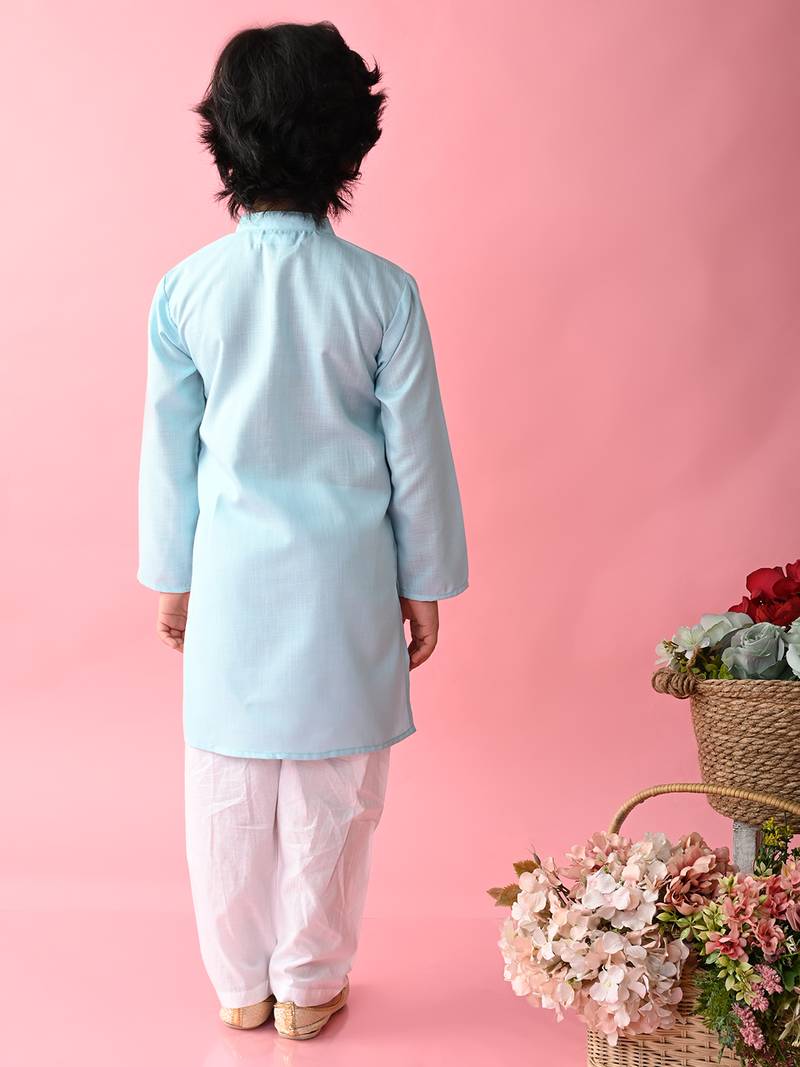 Blue plain blended cotton boys-kurta-pyjama
