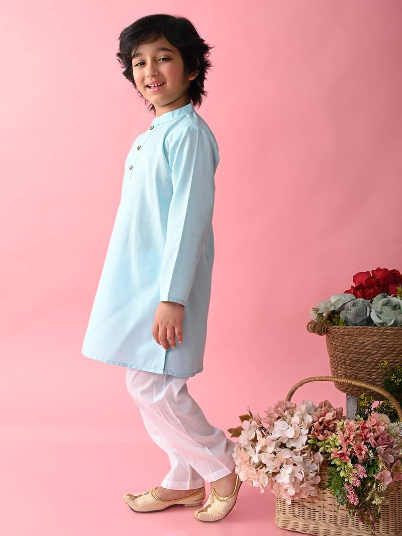 Blue plain blended cotton boys-kurta-pyjama