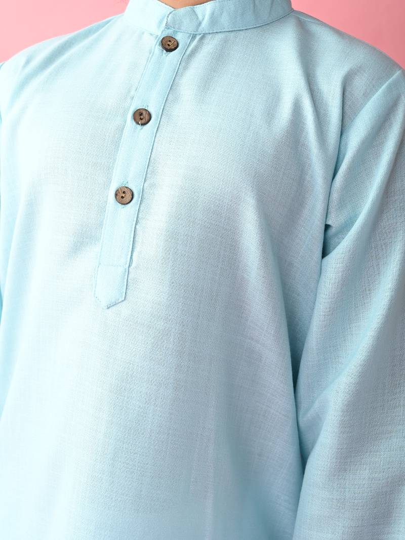 Blue plain blended cotton boys-kurta-pyjama
