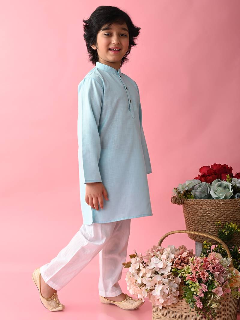 Blue plain blended cotton boys-kurta-pyjama