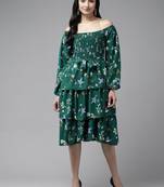 Green printed georgette short-dresses