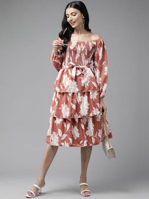 Brown printed georgette short-dresses 1