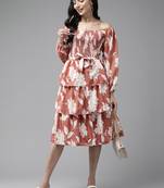 Brown printed georgette short-dresses