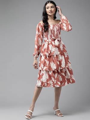 Brown printed georgette short-dresses 3
