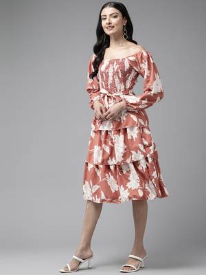 Brown printed georgette short-dresses 4