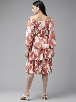 Brown printed georgette short-dresses 5