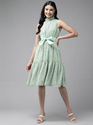 Green printed georgette short-dresses 1