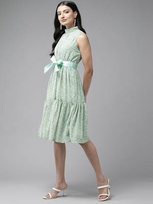 Green printed georgette short-dresses 3