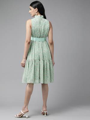 Green printed georgette short-dresses 4