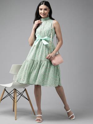 Green printed georgette short-dresses 5
