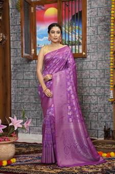 KORAMS DESIGN KANJIVARAM SILK ZARI WOVEN PURPLE FLORAL DESIGN CASUAL WEAR SILK SAREE WITH BLOUSE