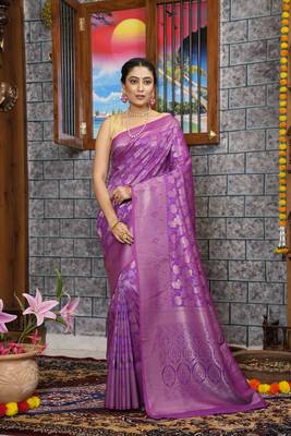 KORAMS DESIGN KANJIVARAM SILK ZARI WOVEN PURPLE FLORAL DESIGN CASUAL WEAR SILK SAREE WITH BLOUSE 1