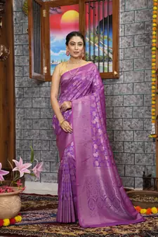 KORAMS DESIGN KANJIVARAM SILK ZARI WOVEN PURPLE FLORAL DESIGN CASUAL WEAR SILK SAREE WITH BLOUSE