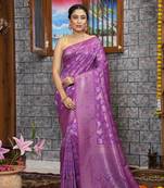 KORAMS DESIGN KANJIVARAM SILK ZARI WOVEN PURPLE FLORAL DESIGN CASUAL WEAR SILK SAREE WITH BLOUSE