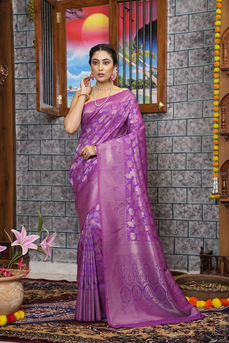 KORAMS DESIGN KANJIVARAM SILK ZARI WOVEN PURPLE FLORAL DESIGN CASUAL WEAR SILK SAREE WITH BLOUSE