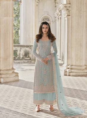 Net Zari Embroidered Sky Blue Salwar Suit 4