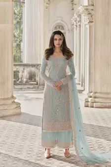 Net Zari Embroidered Sky Blue Salwar Suit