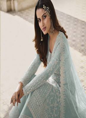 Net Zari Embroidered Sky Blue Salwar Suit 6