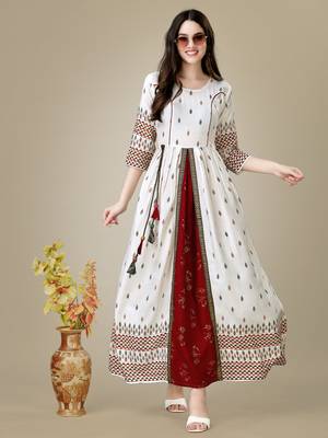 White Printed Rayon Ethnic Anarkali Gown 2